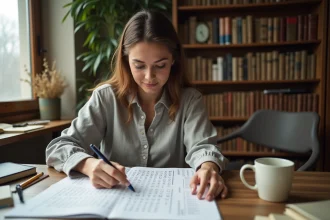 Femme concentrée repérant des indices dans une grille de mots lors d'un premier essai de cimantix