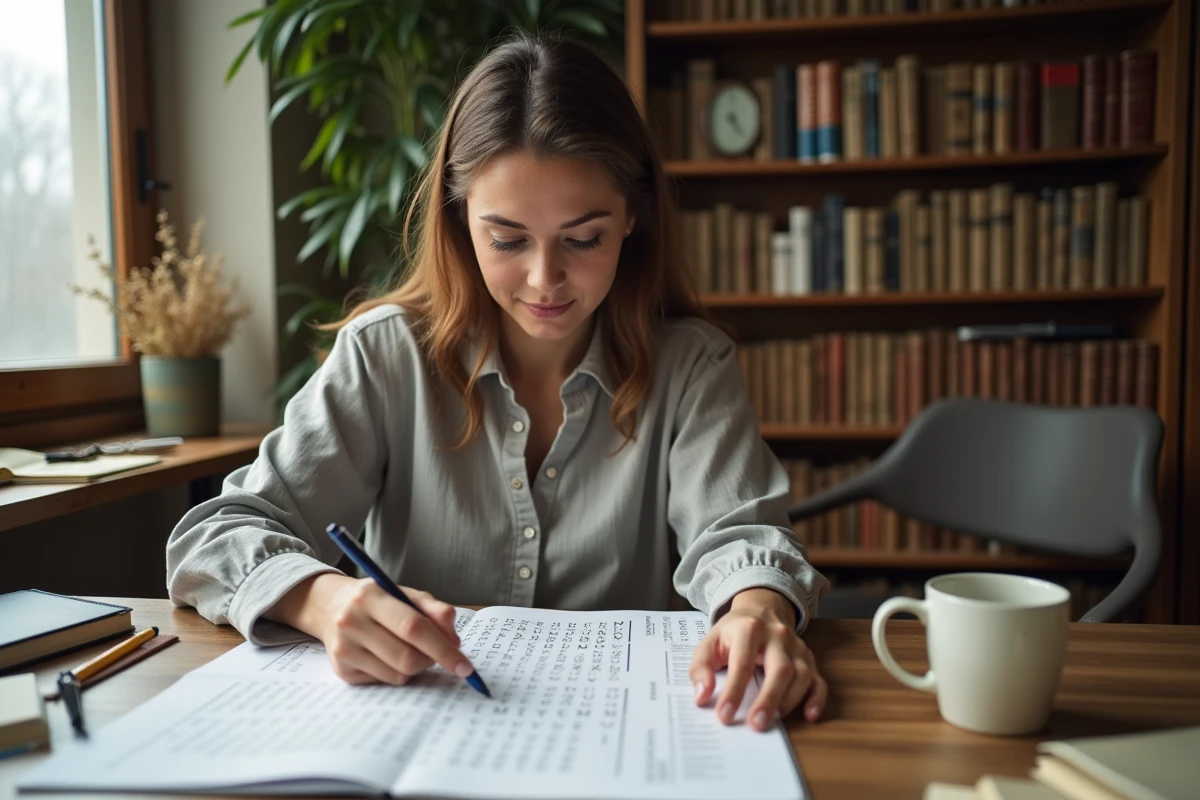 Femme concentrée repérant des indices dans une grille de mots lors d'un premier essai de cimantix