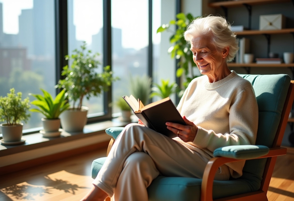 Femme retraitée lisant dans un appartement lumineux