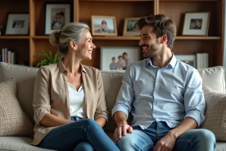 Femme élégante en discussion avec un jeune homme dans un salon chaleureux