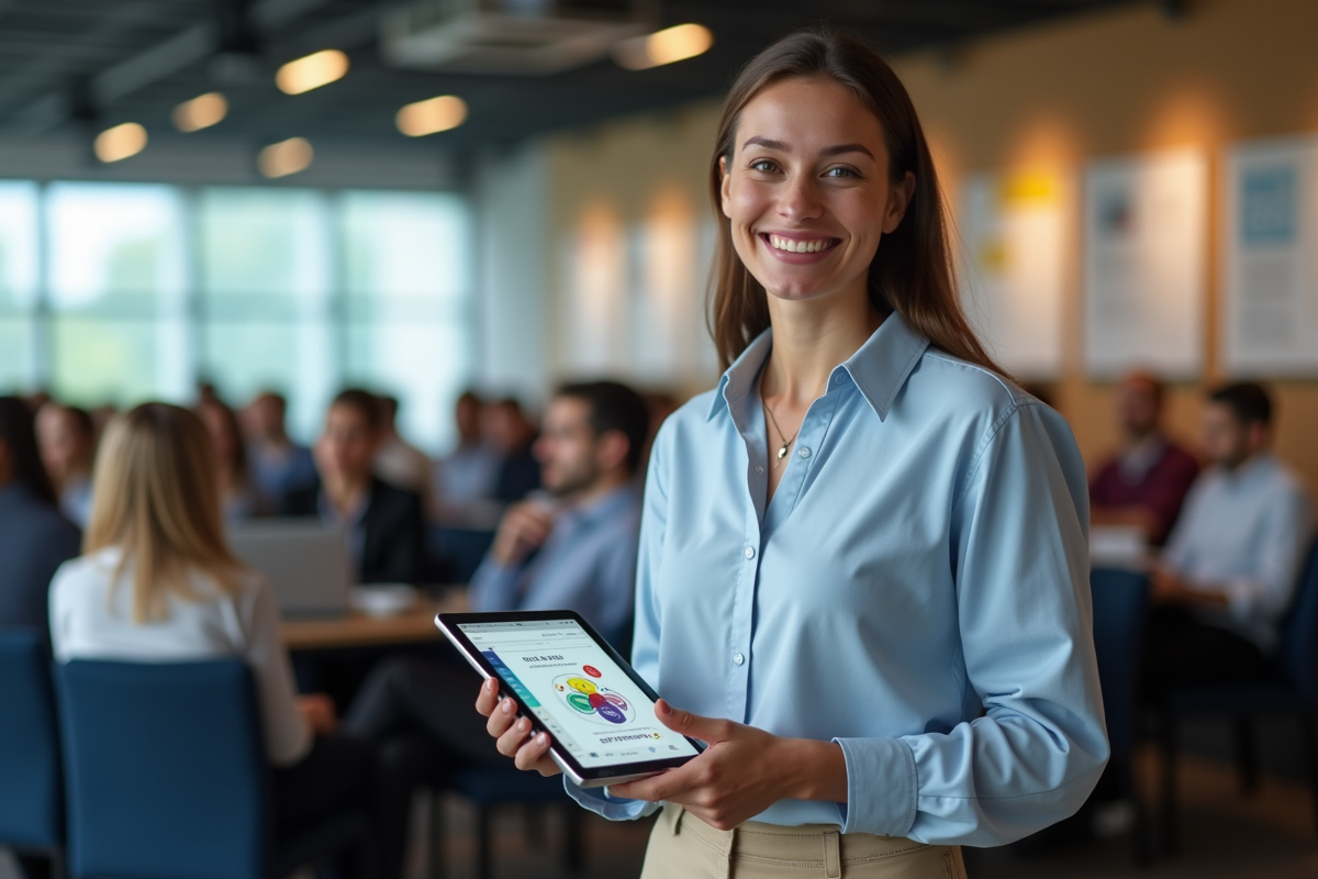 Jeune femme avec tablette sur les objectifs de développement durable