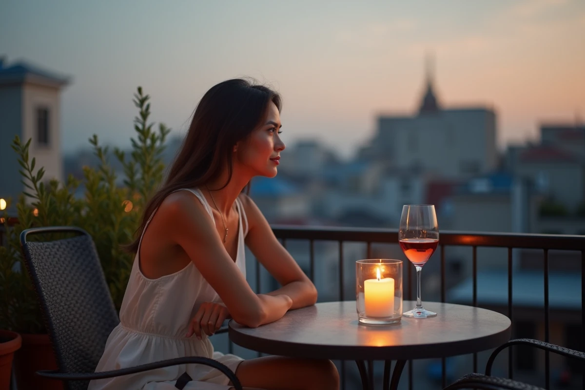 Femme seule profitant d'un moment romantique aux chandelles sur un rooftop urbain au crépuscule avec un verre de vin et une bougie dans un photophore en verre