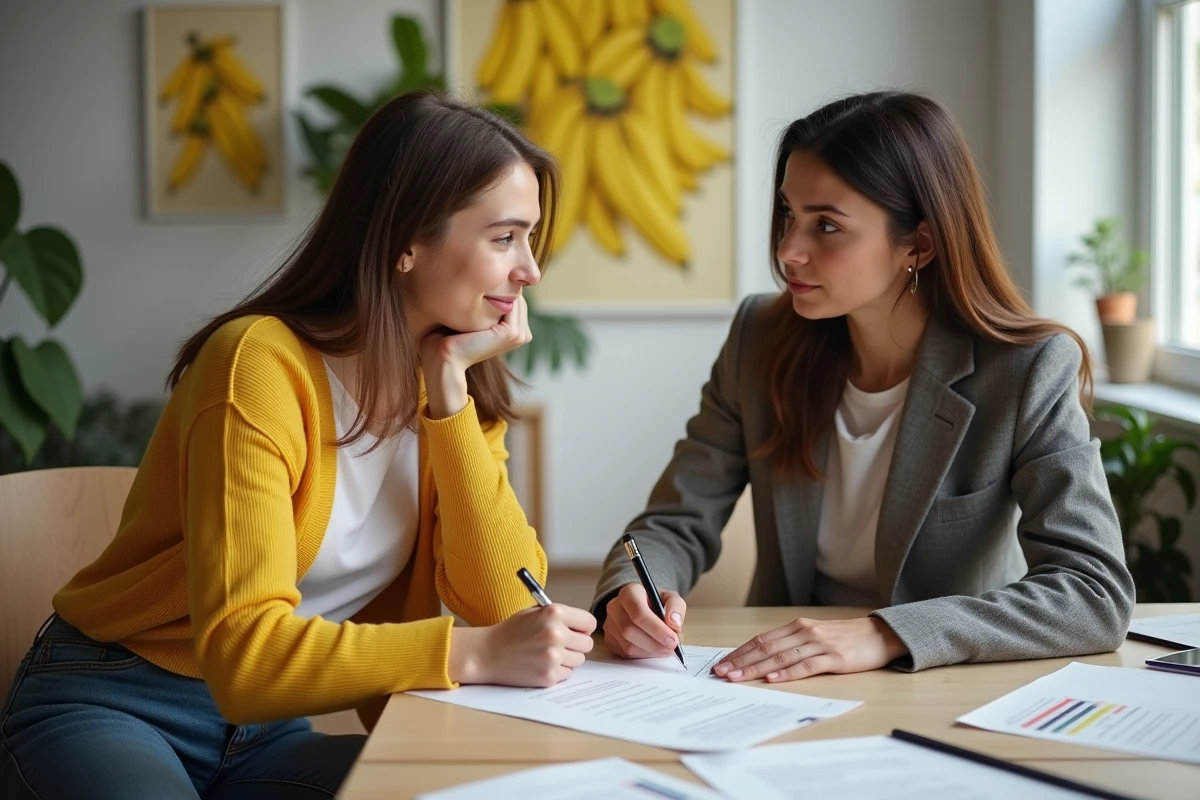 Jeune femme signant un contrat dans un studio créatif lumineux