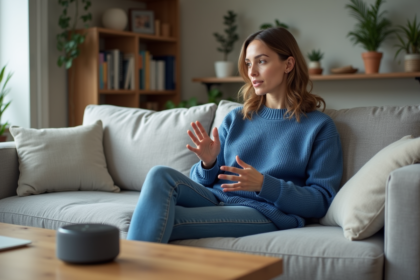 Femme parlant à un assistant vocal dans un salon moderne