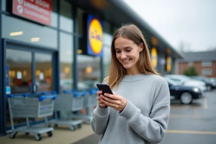 Femme consultant son smartphone devant un nouveau magasin Lidl récemment ouvert