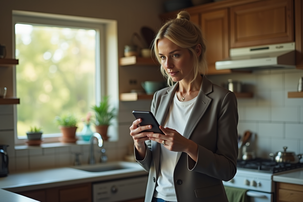 Femme en cuisine regardant une vidéo sur son smartphone