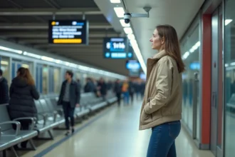 Femme dans une gare française observant une caméra discrète