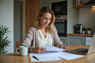 Femme concentrée à son bureau en cuisine moderne