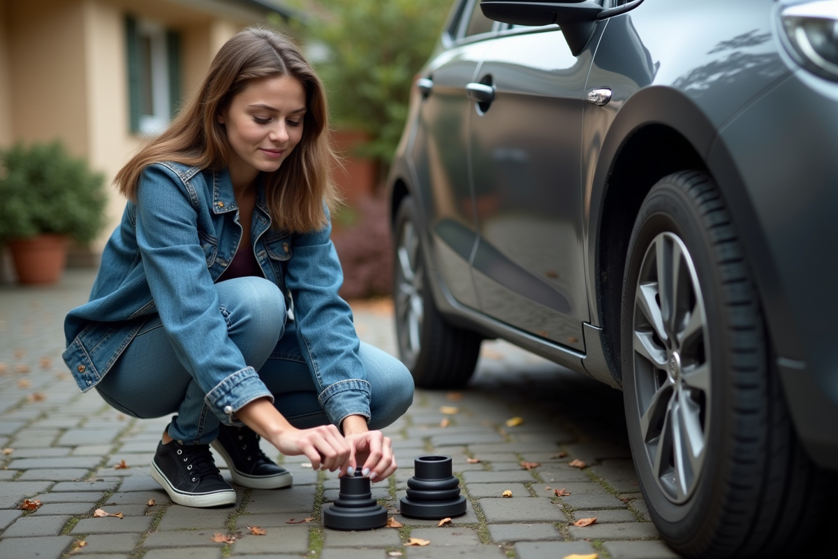 Jeune femme inspectant une pièce moteur à côté de sa voiture