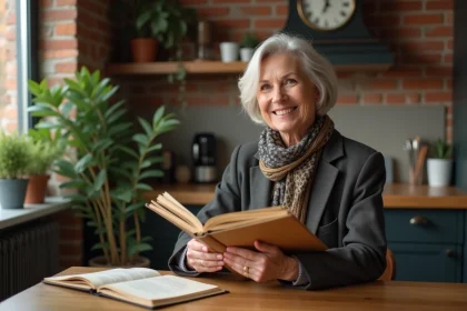 Femme d'âge moyen avec blazer et foulard tenant documents vintage