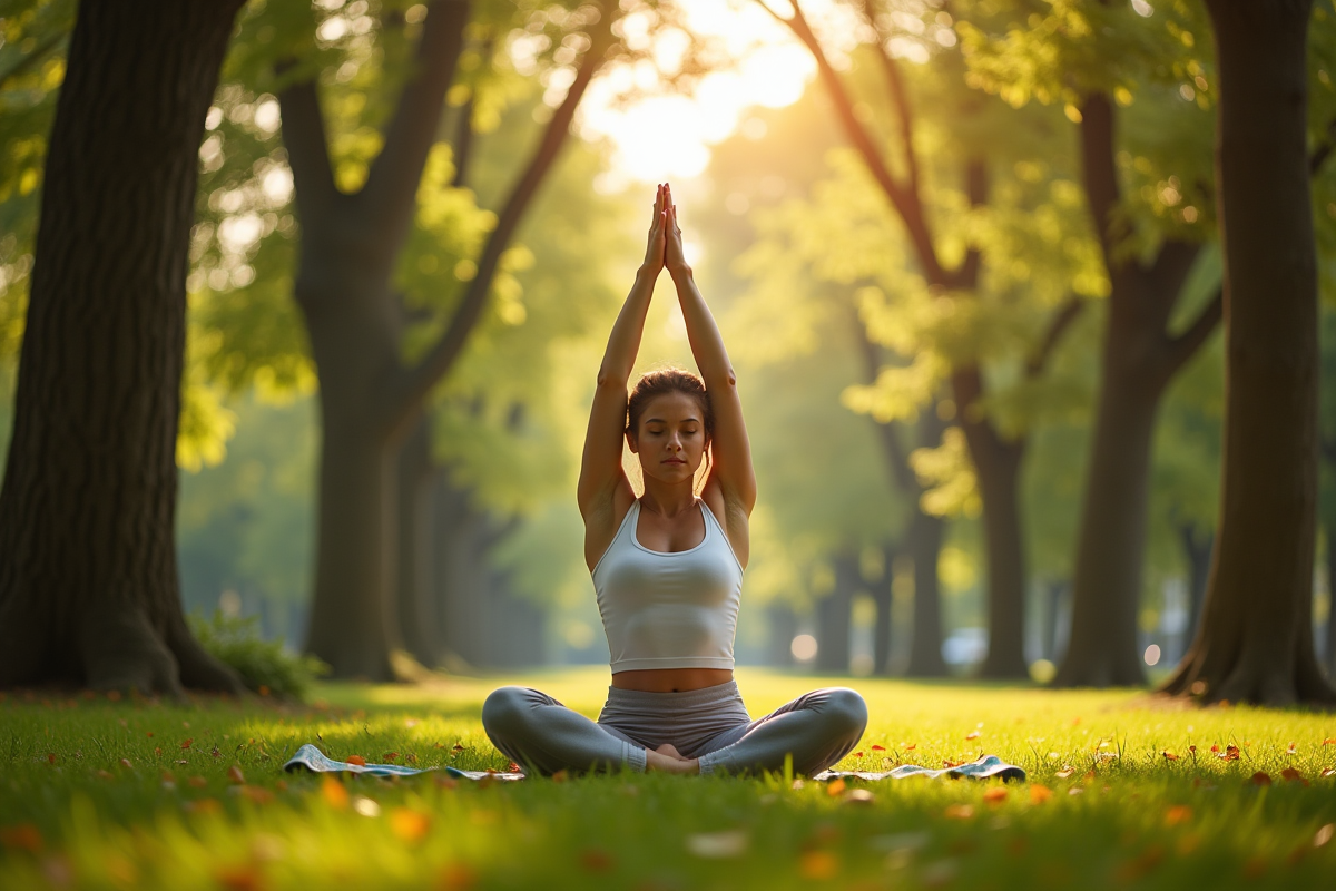 Jeune femme faisant du yoga dans un parc ensoleille