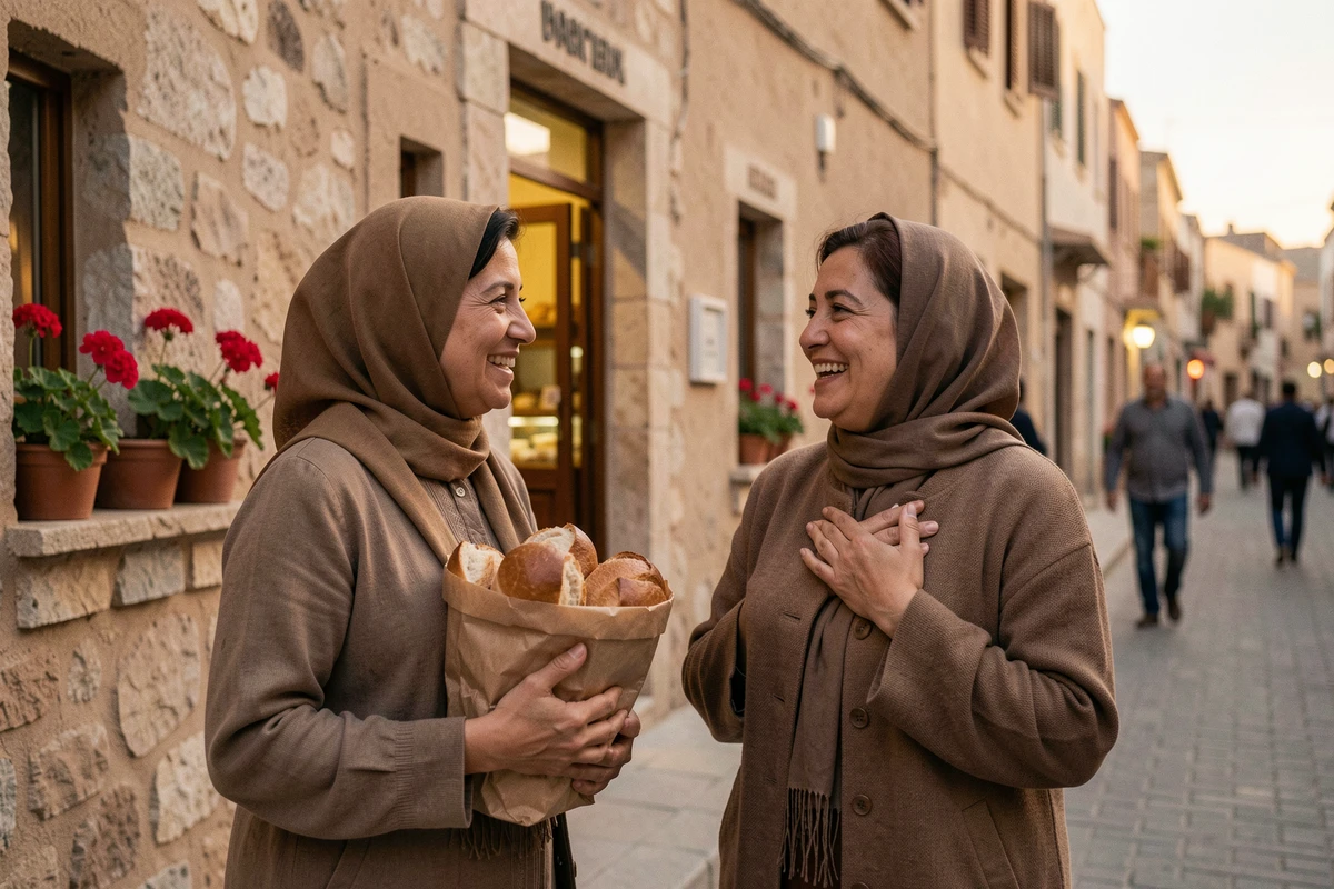 Deux femmes algériennes échangeant des vœux de Ramadan devant une boulangerie traditionnelle au crépuscule