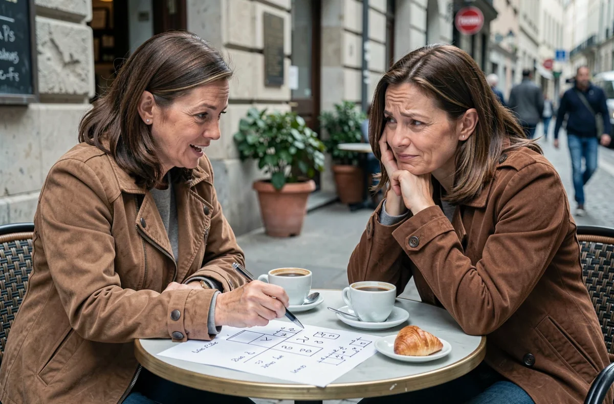 Deux femmes jouant à des devinettes logiques dans un café en plein air avec papier et stylo