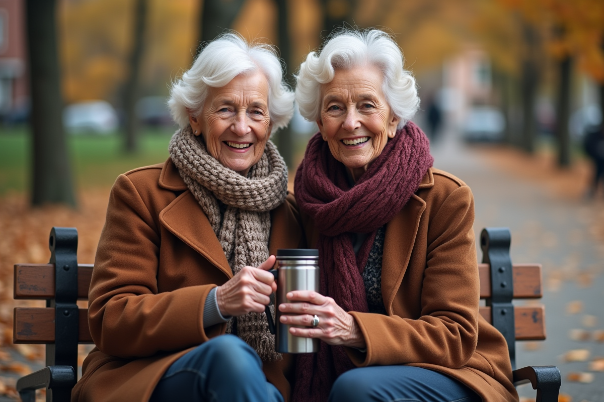 Deux femmes âgées partageant un café dans un parc en automne