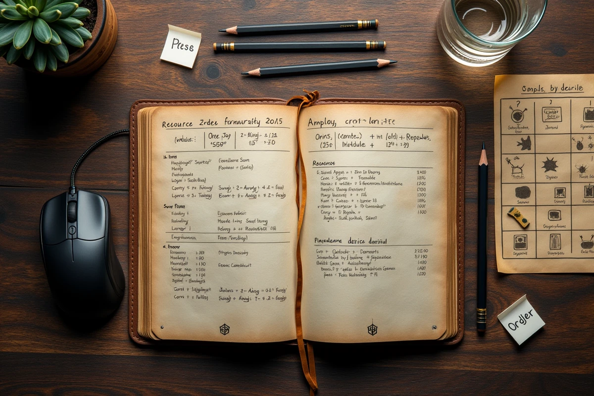 Fiche de craft manuscrite et liste de ressources de mineur posées sur un bureau en bois avec souris gaming