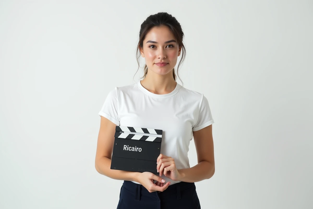 Jeune femme figurante posant devant un fond blanc lors d'un casting cinématographique officiel