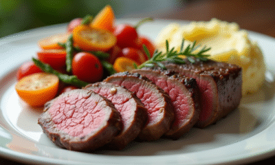 Filet mignon tranché avec légumes colorés et purée
