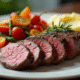 Filet mignon tranché avec légumes colorés et purée