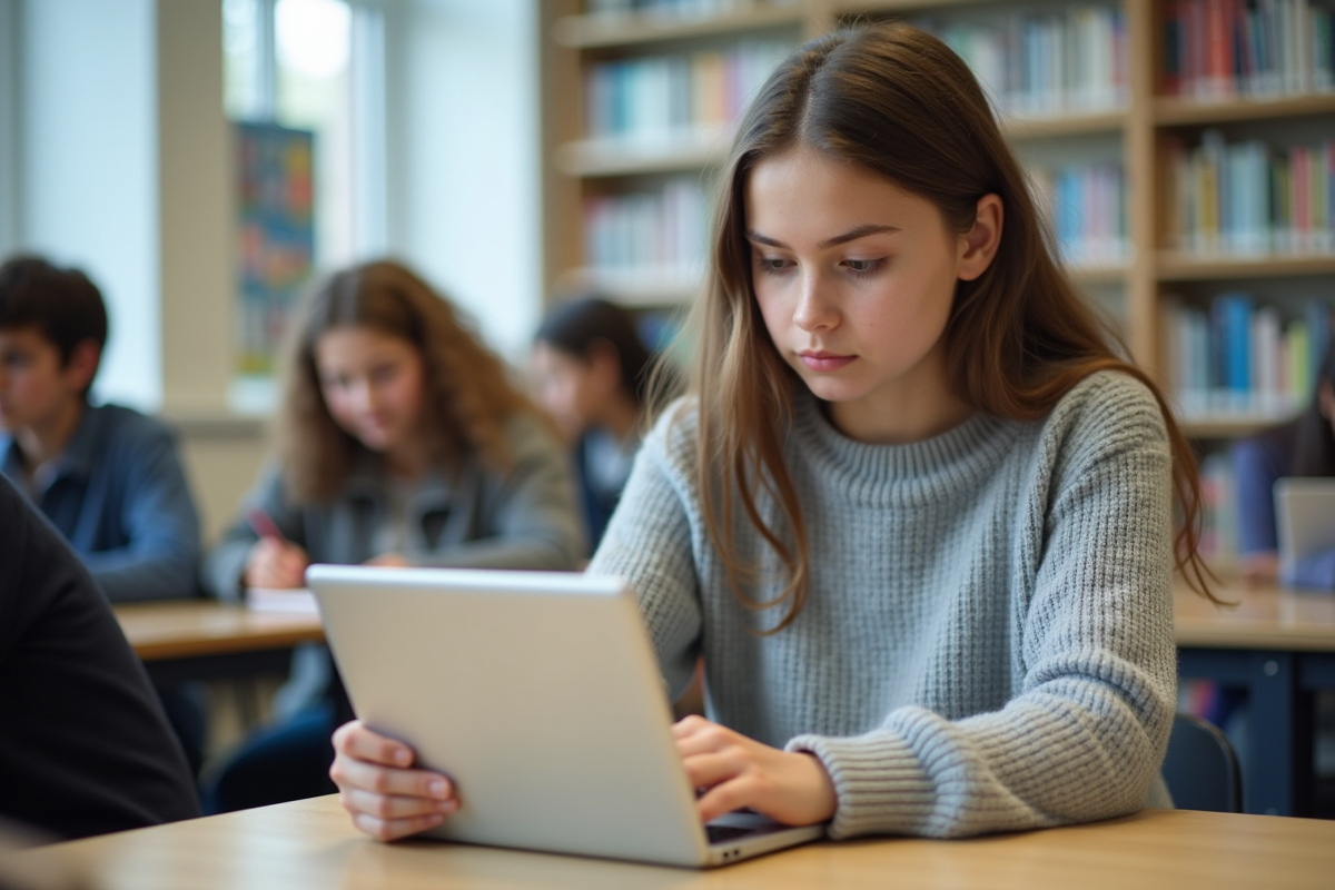 Fille au collège utilisant une tablette dans la bibliothèque