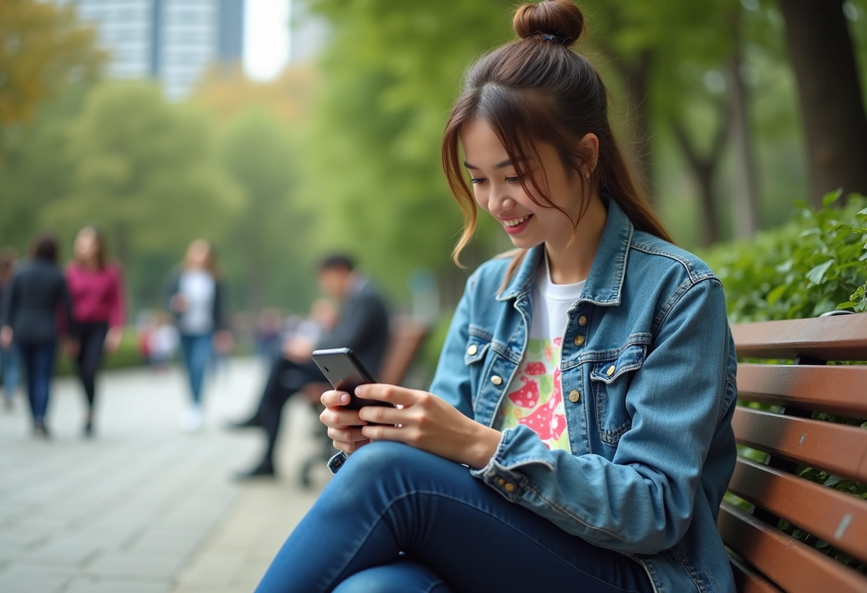 Jeune femme jouant à Blox Fruit sur smartphone dans un parc urbain