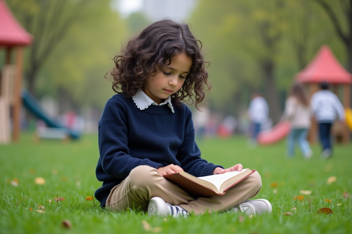 Fille de 7 ans lisant dans un parc verdoyant