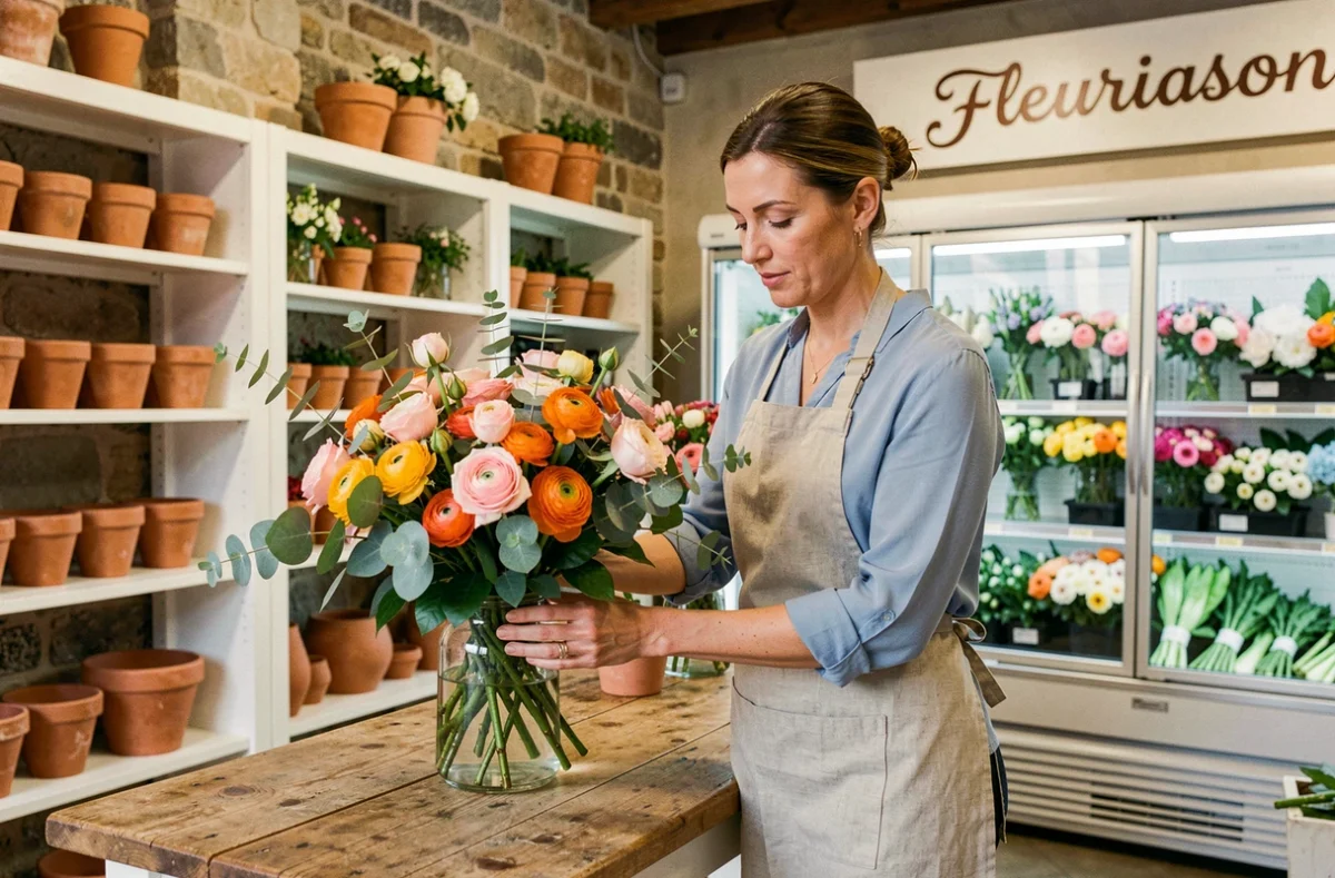 Fleuriste de Fleuraison à Nice arrangeant un bouquet de roses et ranunculus dans sa boutique au décor provençal chaleureux