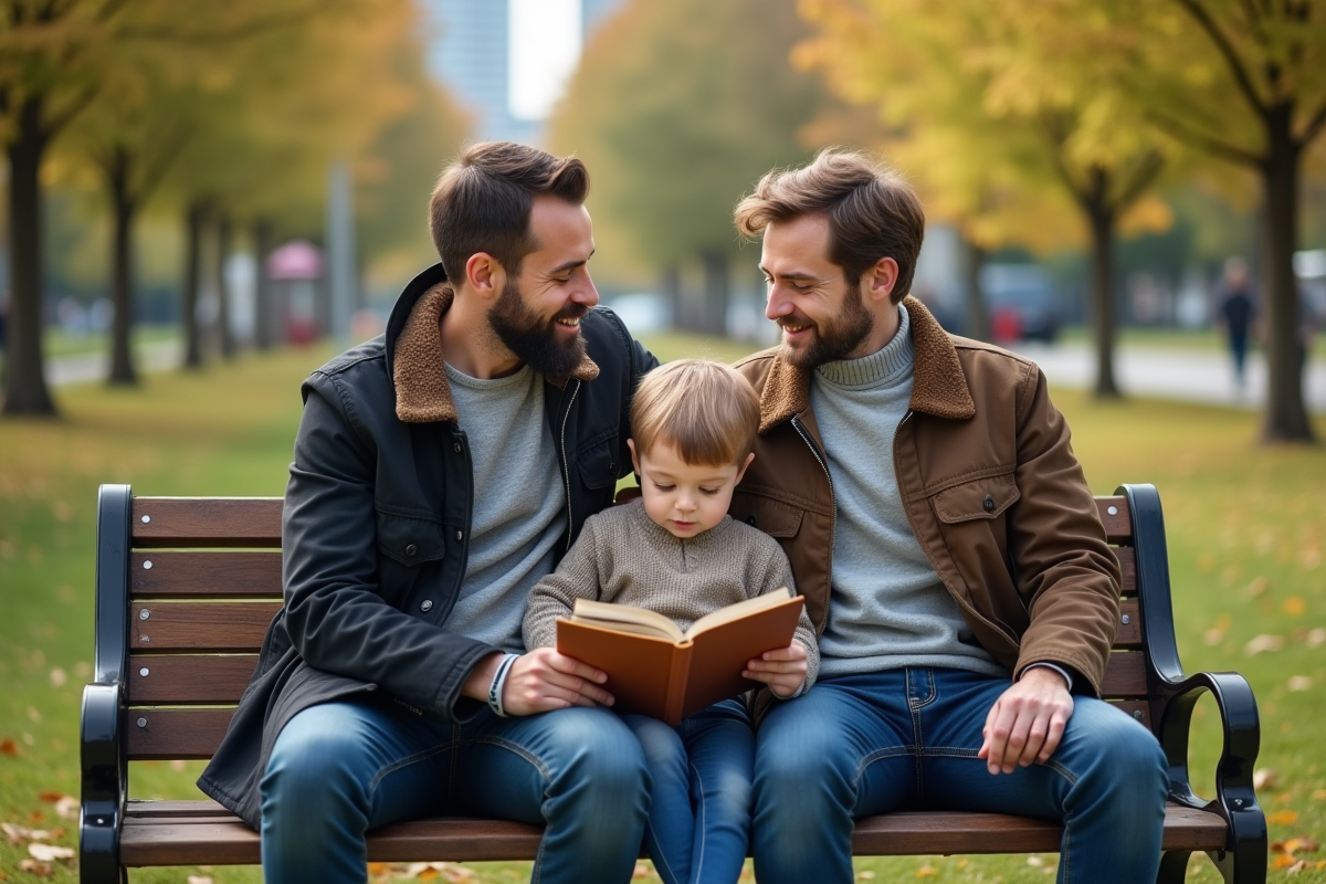 Deux hommes et un garçon sur un banc dans un parc