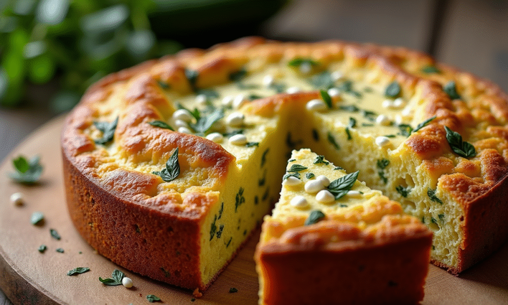 Gâteau de courgette et feta tranché sur table rustique