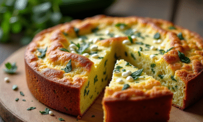 Gâteau de courgette et feta tranché sur table rustique