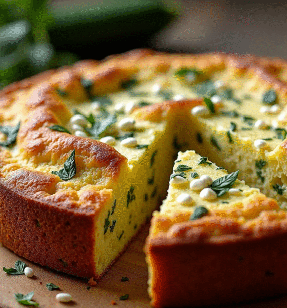 Gâteau de courgette et feta tranché sur table rustique
