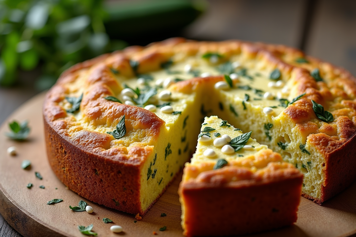 Gâteau de courgette et feta tranché sur table rustique