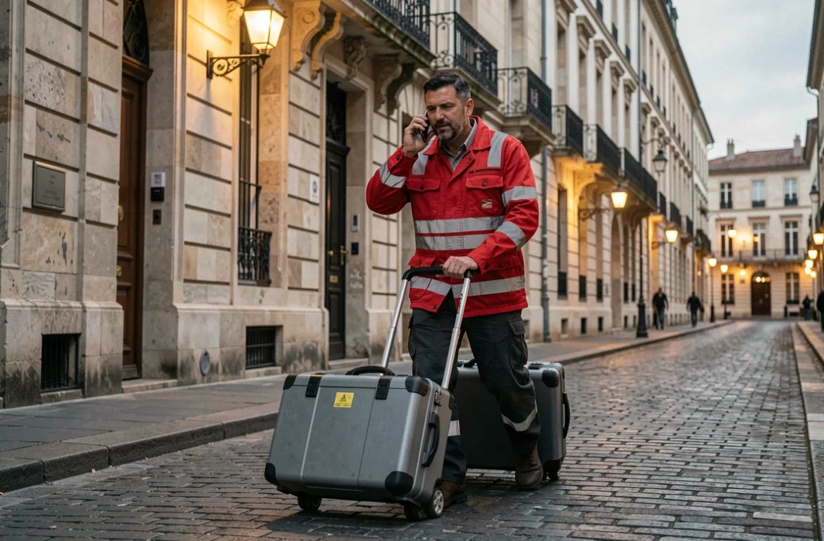 Électricien Georges Assistances arrivant en urgence dans le quartier Saint-Pierre de Bordeaux avec sa caisse à outils sur pavés