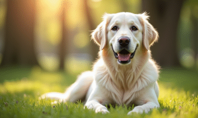 Golden retriever blanc dans un parc ensoleille