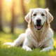 Golden retriever blanc dans un parc ensoleille