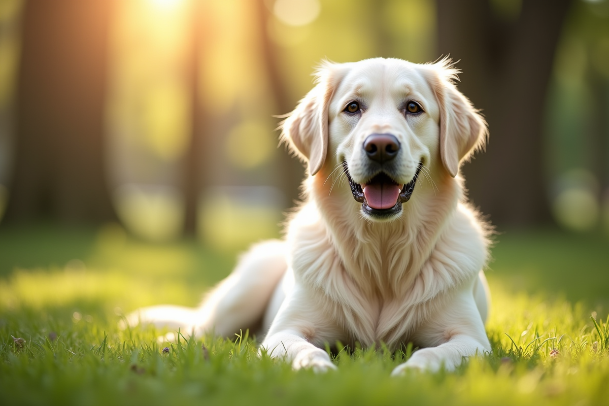 Golden retriever blanc dans un parc ensoleille