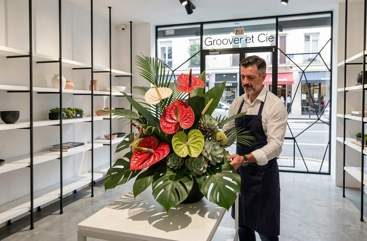 Fleuriste-designer de Groover et Cie dans les Alpes-Maritimes présentant un arrangement architectural de fleurs tropicales dans une boutique contemporaine épurée