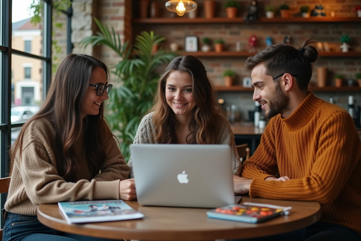 Groupe d amis discutant autour d une table dans un café cosy