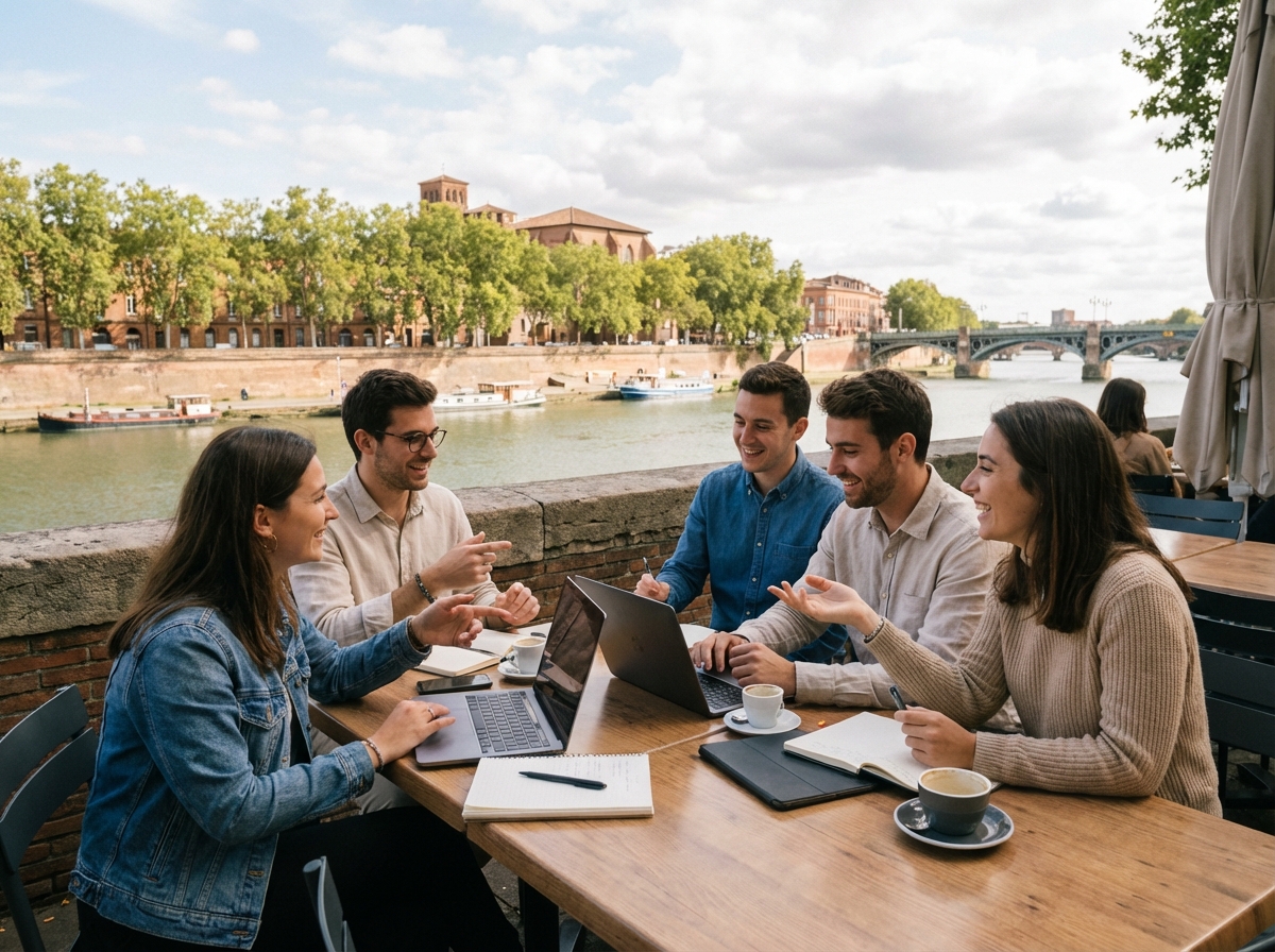 Groupe de jeunes professionnels travaillant en terrasse