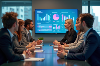 Groupe de jeunes professionnels en réunion dans un bureau moderne
