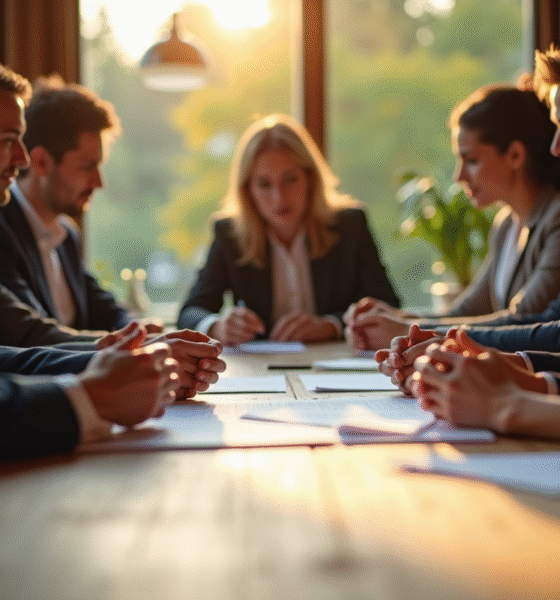 Groupe de personnes discutant d'un document légal en plein soleil