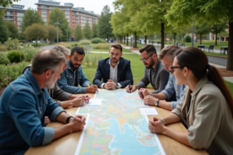 Groupe diversifié autour d'une table pour développement durable