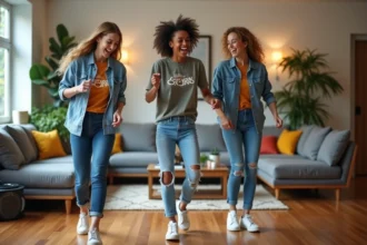 Jeunes adultes dansant dans un salon moderne et lumineux