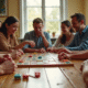 Groupe de personnes jouant au Rummikub autour d'une table ensoleillée