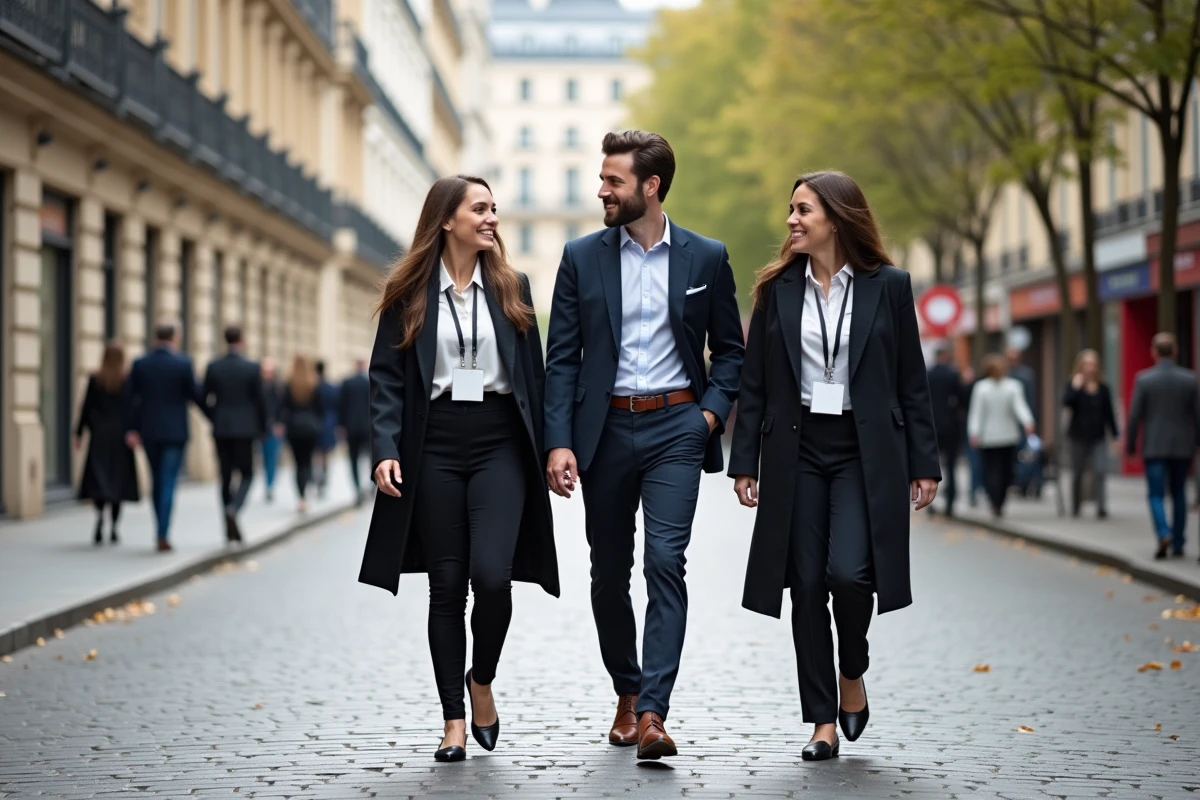 Groupe de notaires et juristes en province discutant entre eux lors d'une promenade à Paris pendant le Congrès UINL