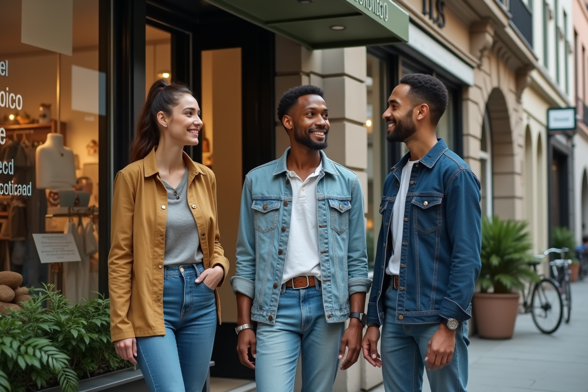Groupe de trois personnes discutant devant une boutique écologique