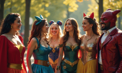Groupe de personnes en costumes Disney et DC dans un parc urbain
