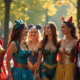 Groupe de personnes en costumes Disney et DC dans un parc urbain