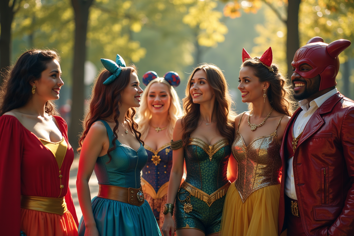 Groupe de personnes en costumes Disney et DC dans un parc urbain
