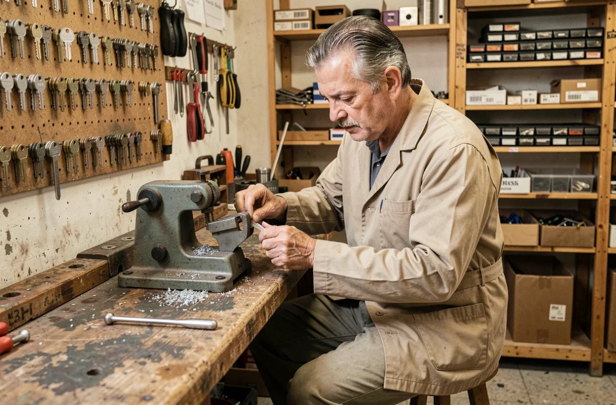 L'artisan serrurier Guidicelli Felix taillant une clé dans son atelier de serrurerie à Bastia