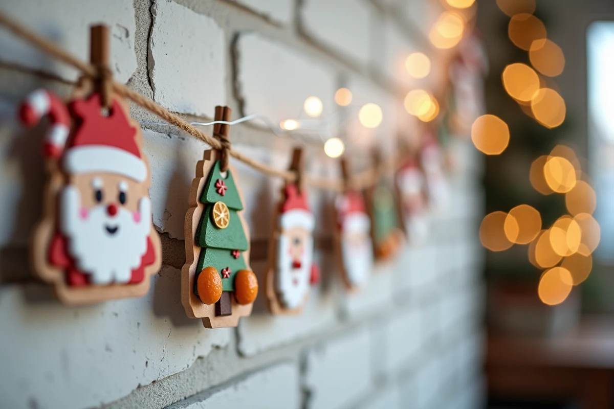 Guirlande de décorations de Noël en pixel art kawaii accrochée sur un mur en brique blanchie avec ficelle naturelle